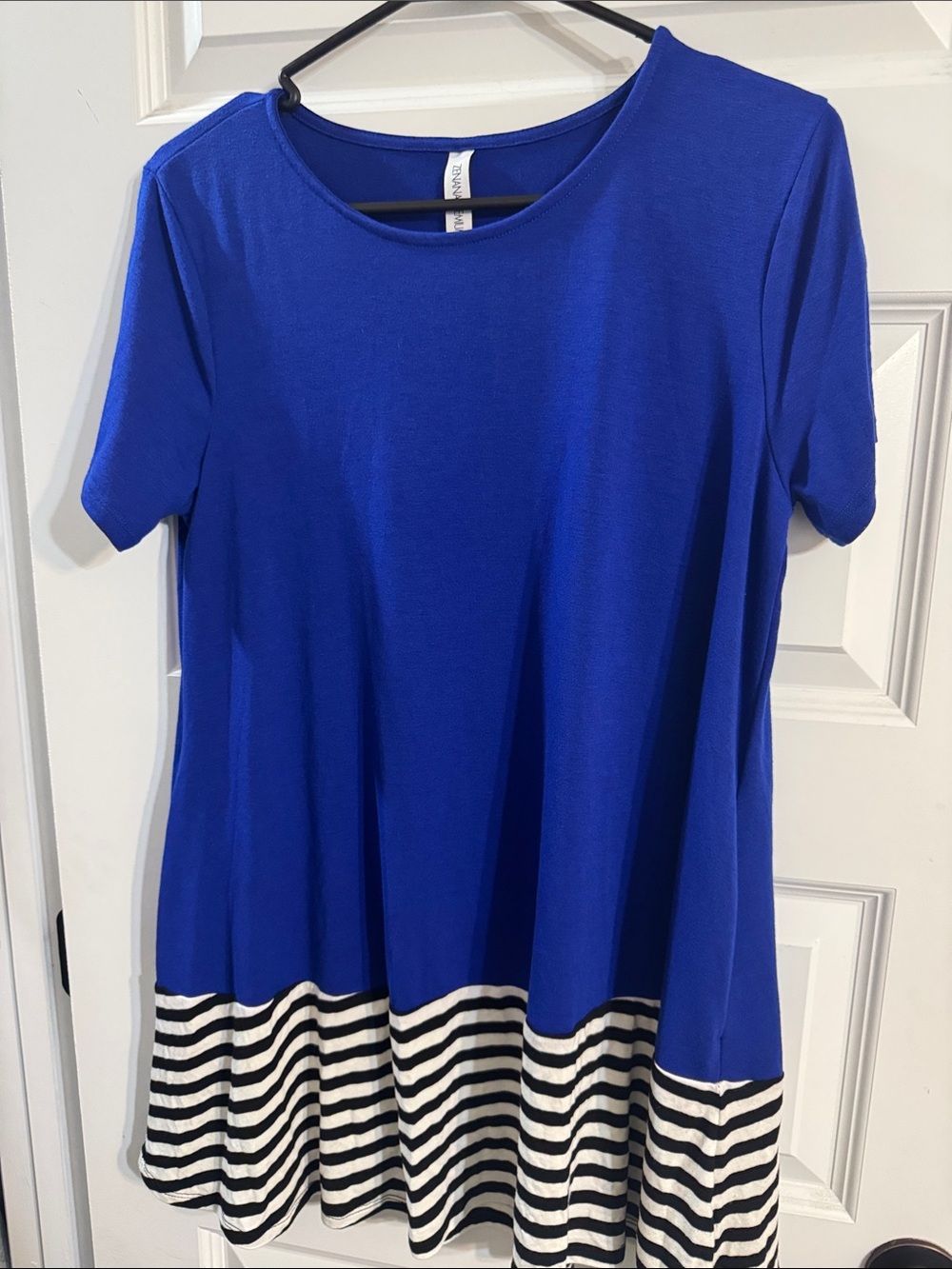 Zenana Outfitters Royal Blue Short Sleeve Tunic with Black-and-White Striped Hem